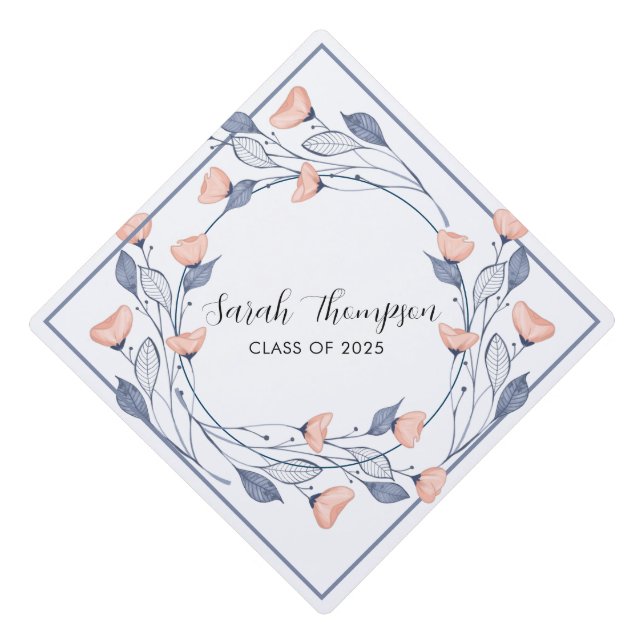 Pretty Pink Blue wildflowers Script Graduation  Graduation Cap Topper (Front)