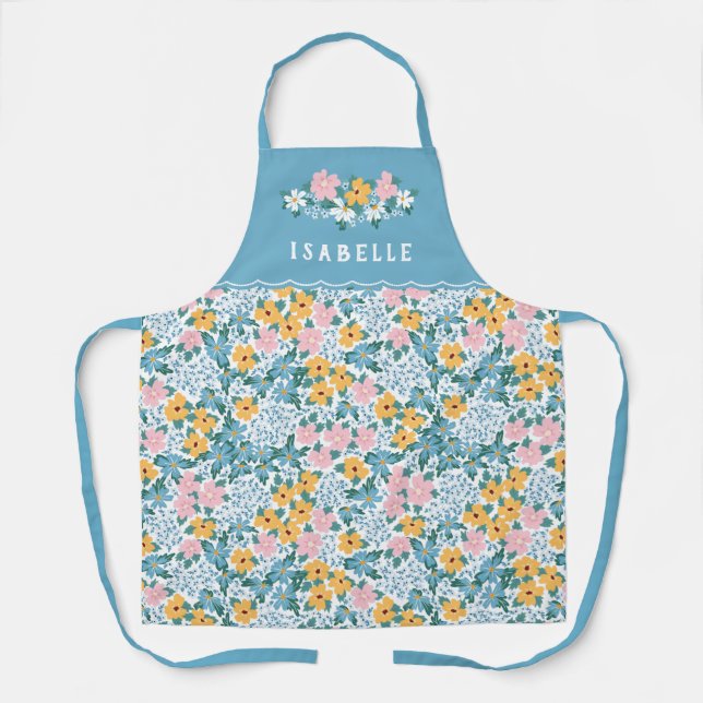 Pretty Pink Blue Yellow Floral Pattern Apron (Front)