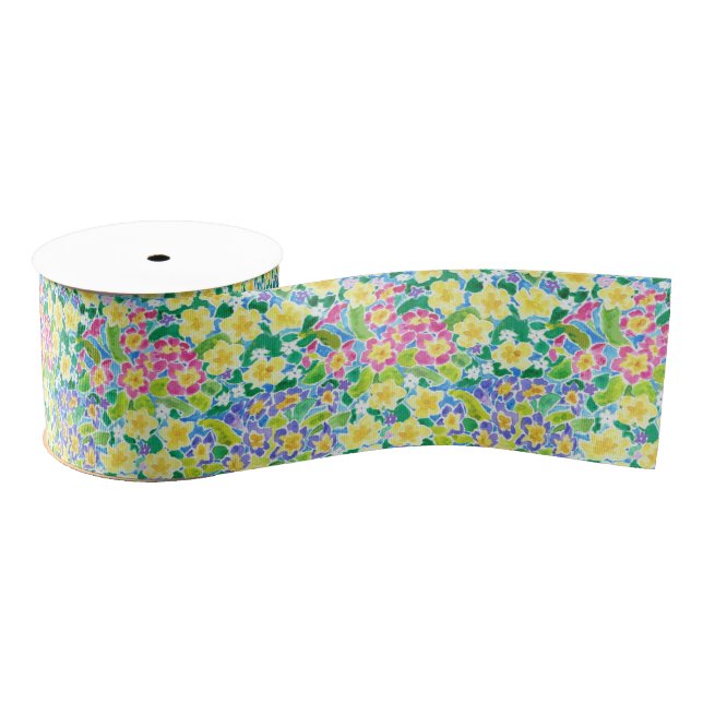 Pretty Pink, Blue, Yellow Primroses 3-inch Ribbon (Spool)