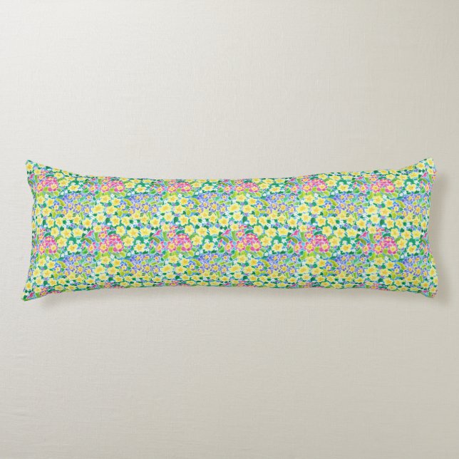 Pretty Pink, Blue, Yellow Primroses Body Pillow (Front)