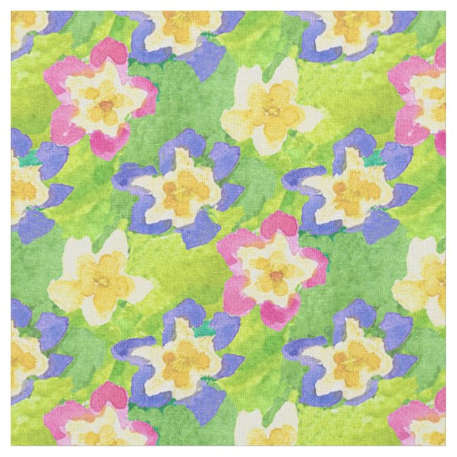 Pretty Pink Blue Yellow Primroses Fabric (Close Up)