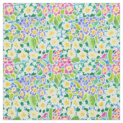 Pretty Pink Blue Yellow Primroses Floral Fabric