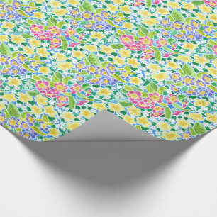 Pretty Pink, Blue, Yellow Primroses Floral Wrapping Paper