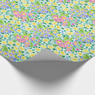 Pretty Pink, Blue, Yellow Primroses Floral Wrapping Paper