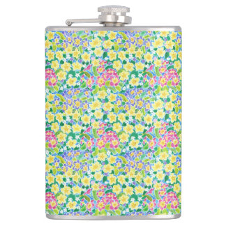 Pretty Pink, Blue, Yellow Primroses Hip Flask