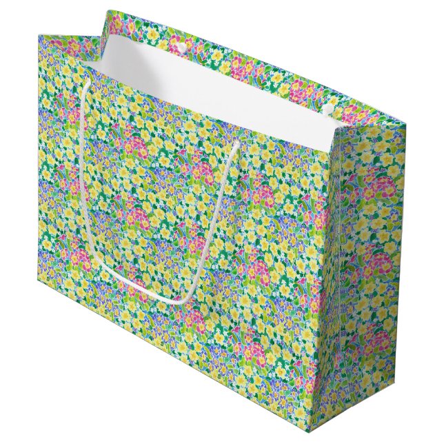 Pretty Pink, Blue, Yellow Primroses Large Gift Bag (Front Angled)