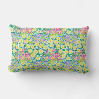 Pretty Pink, Blue, Yellow Primroses Lumbar Pillow
