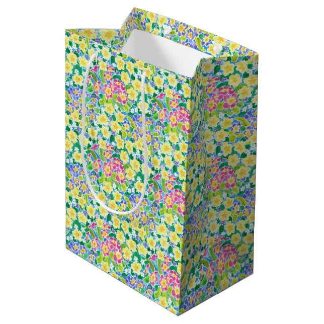 Pretty Pink, Blue Yellow Primroses Medium Gift Bag (Back Angled)