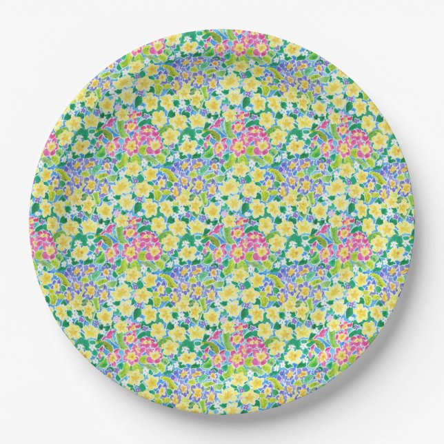 Pretty Pink, Blue, Yellow Primroses Paper Plates (Front)
