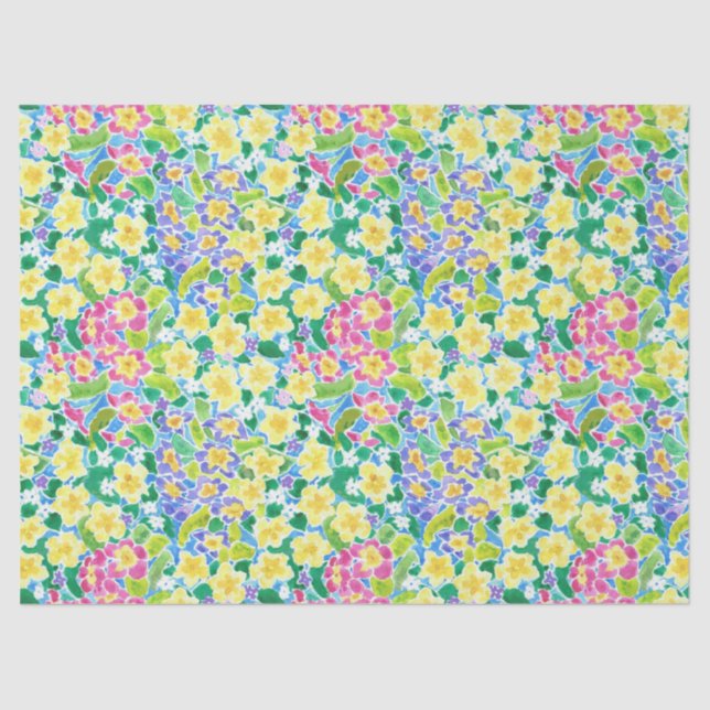 Pretty Pink, Blue, Yellow Primroses Tissue Paper (Front)