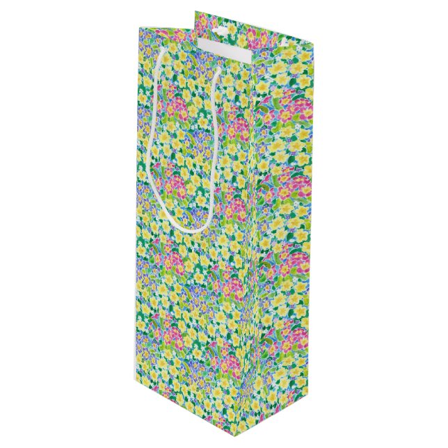 Pretty Pink, Blue, Yellow Primroses Wine Gift Bag (Front Angled)