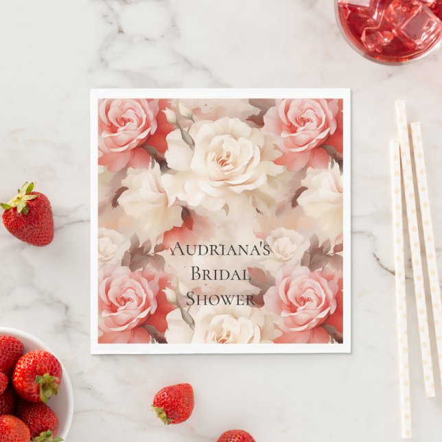 Pretty Pink Blush Cream Floral Bridal Shower Napkins (Insitu)