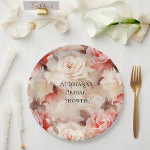 Pretty Pink Blush Cream Floral Bridal Shower Paper Plates