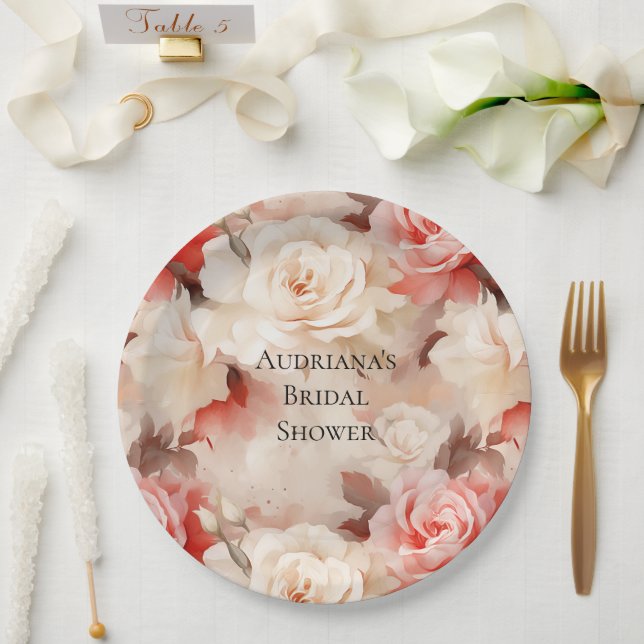Pretty Pink Blush Cream Floral Bridal Shower Paper Plates (Wedding)