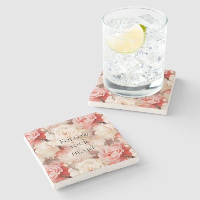 Pretty Pink Blush Cream Floral Bridal Shower Stone Coaster (Side)