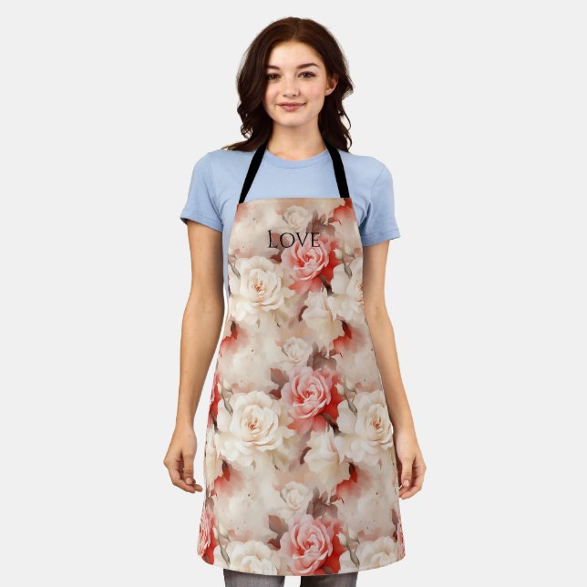 Pretty Pink Blush Cream Rose Floral Apron (Worn)