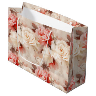 Pretty Pink Blush Cream Rose Floral Bridal Shower Large Gift Bag