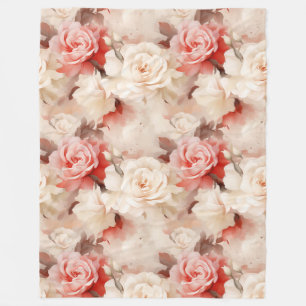 Pretty Pink Blush Cream Rose Floral Fleece Blanket