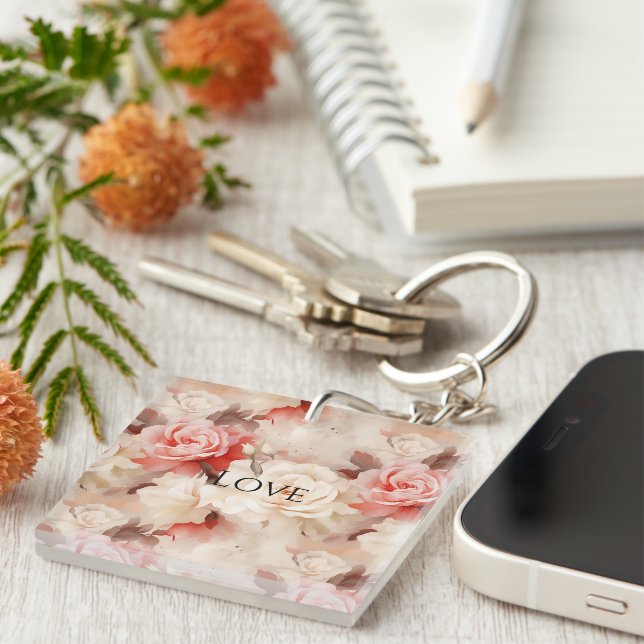 Pretty Pink Blush Cream Rose Floral Keychain (Front Right)