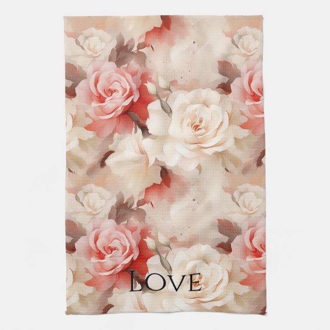 Pretty Pink Blush Cream Rose Floral Kitchen Towel (Vertical)