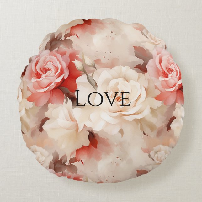 Pretty Pink Blush Cream Rose Floral Round Pillow (Front)