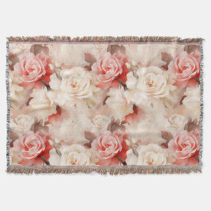 Pretty Pink Blush Cream Rose Floral Throw Blanket