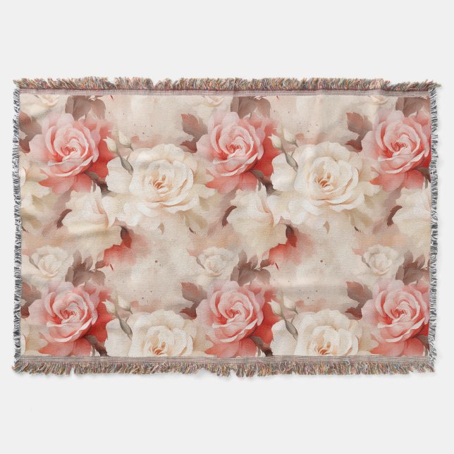 Pretty Pink Blush Cream Rose Floral Throw Blanket (Front)