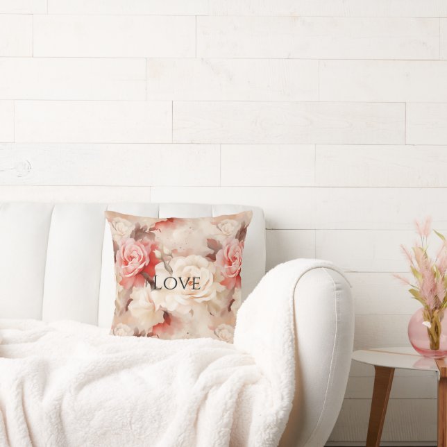 Pretty Pink Blush Cream Rose Floral Throw Pillow (Couch)