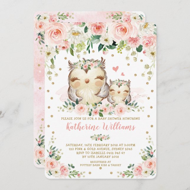 Pretty Pink Blush Floral Owl Girl Baby Shower Invitation (Front/Back)
