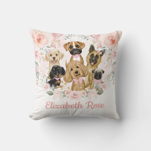 Pretty Pink Blush Floral Puppy Dogs Baby Girl Throw Pillow