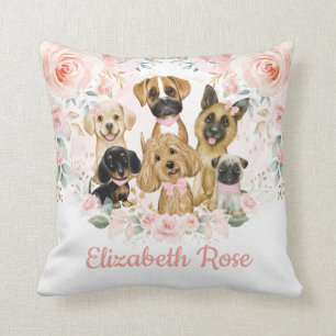 Pretty Pink Blush Floral Puppy Dogs Baby Girl Throw Pillow