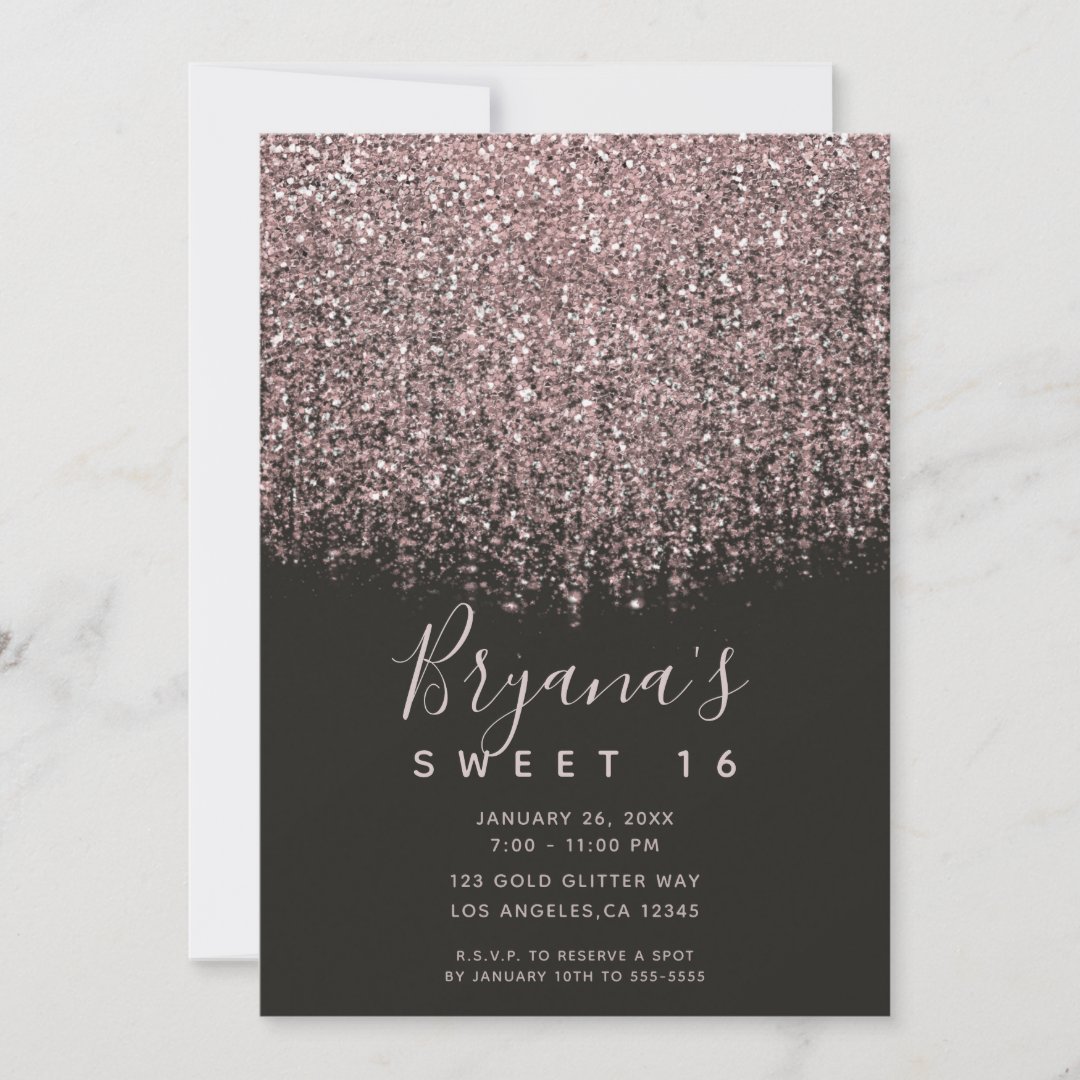 Pretty Pink Blush Glitter Black Sweet 16 Party Invitation | Zazzle