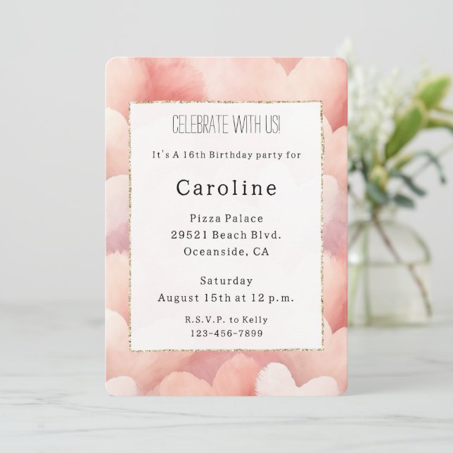 Pretty Pink Blush Hearts Birthday   Invitation (Standing Front)