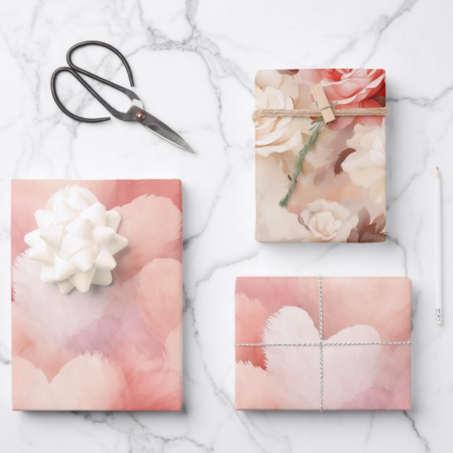 Pretty Pink Blush Hearts Flowers Birthday Wrapping Paper Sheets (Front)