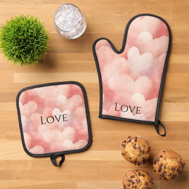 Pretty Pink Blush Hearts Love Oven Mitt & Pot Holder Set (Top Down)