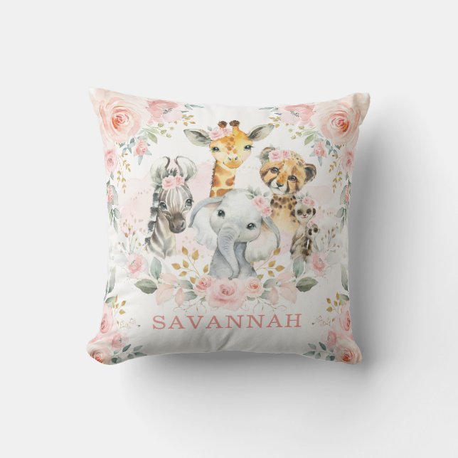 Pretty Pink Blush Jungle Safari Animals Baby Girl Throw Pillow (Front)