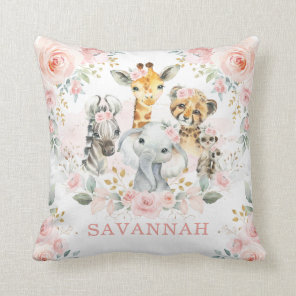 Pretty Pink Blush Jungle Safari Animals Baby Girl Throw Pillow