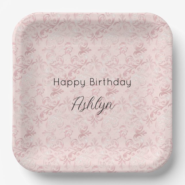 Pretty pink blush pearl birthday paper plates (Front)