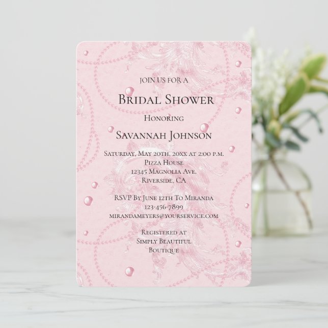 Pretty Pink Blush Pearls Elegant Bridal Shower Invitation (Standing Front)