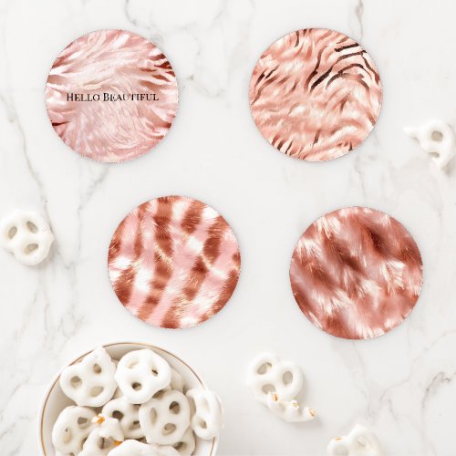 Pretty Pink Blush Rose Glam Zebra Animal Print Coaster Set