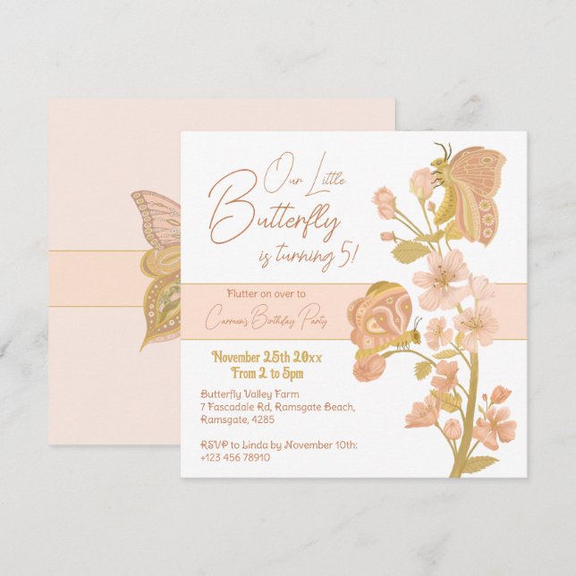 Pretty Pink Boho Butterfly Birthday Party Kids Invitation (Front/Back)