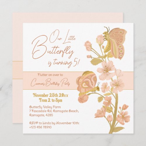 Pretty Pink Boho Butterfly Birthday Party Kids Invitation