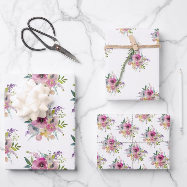 Pretty Pink Boho Floral Bouquet Wrapping Paper Sheets (Front)