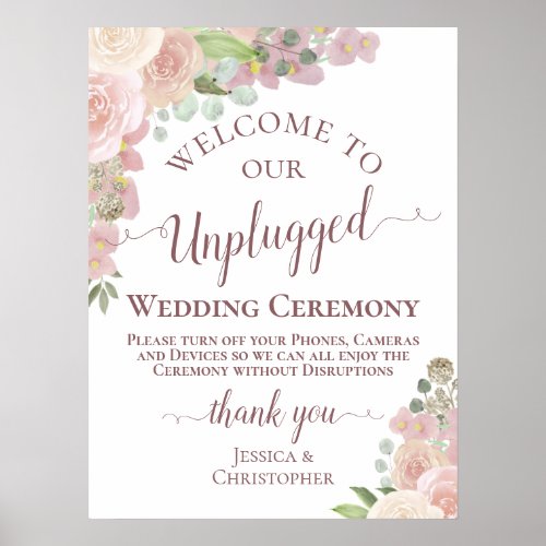 Pretty Pink Boho Floral Unplugged Wedding Ceremony Poster