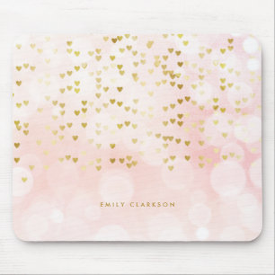 Pretty Pink Bokeh and Heart Gold Foil Confetti Mouse Pad