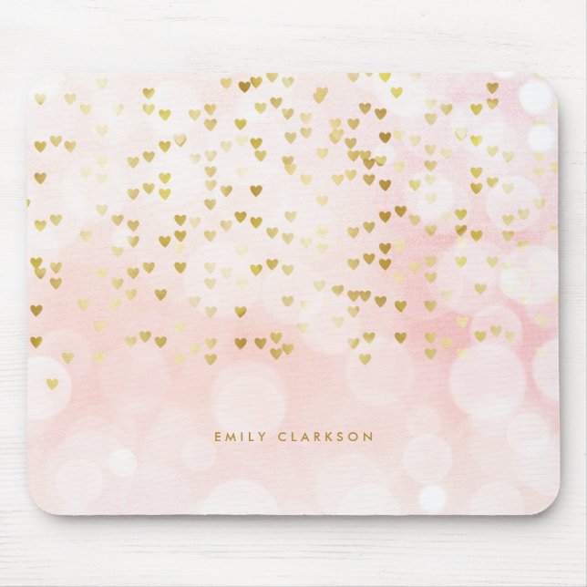 Pretty Pink Bokeh and Heart Gold Foil Confetti Mouse Pad (Front)