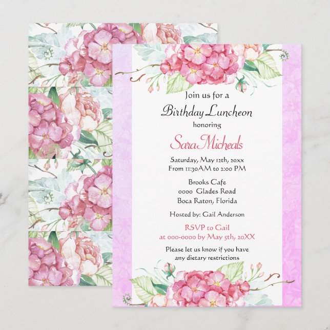 Pretty Pink Botanical Birthday Luncheon  Invitation (Front/Back)