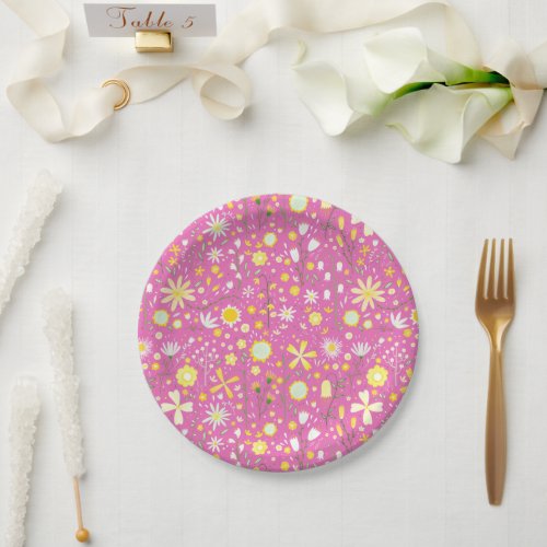 Pretty Pink Botanical Wildflower Floral Paper Plates