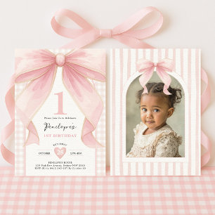 Pretty Pink Bow Coquette Ribbon Girl 1st Birthday Invitation