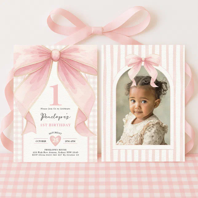 Pretty Pink Bow Coquette Ribbon Girl 1st Birthday Invitation | Zazzle